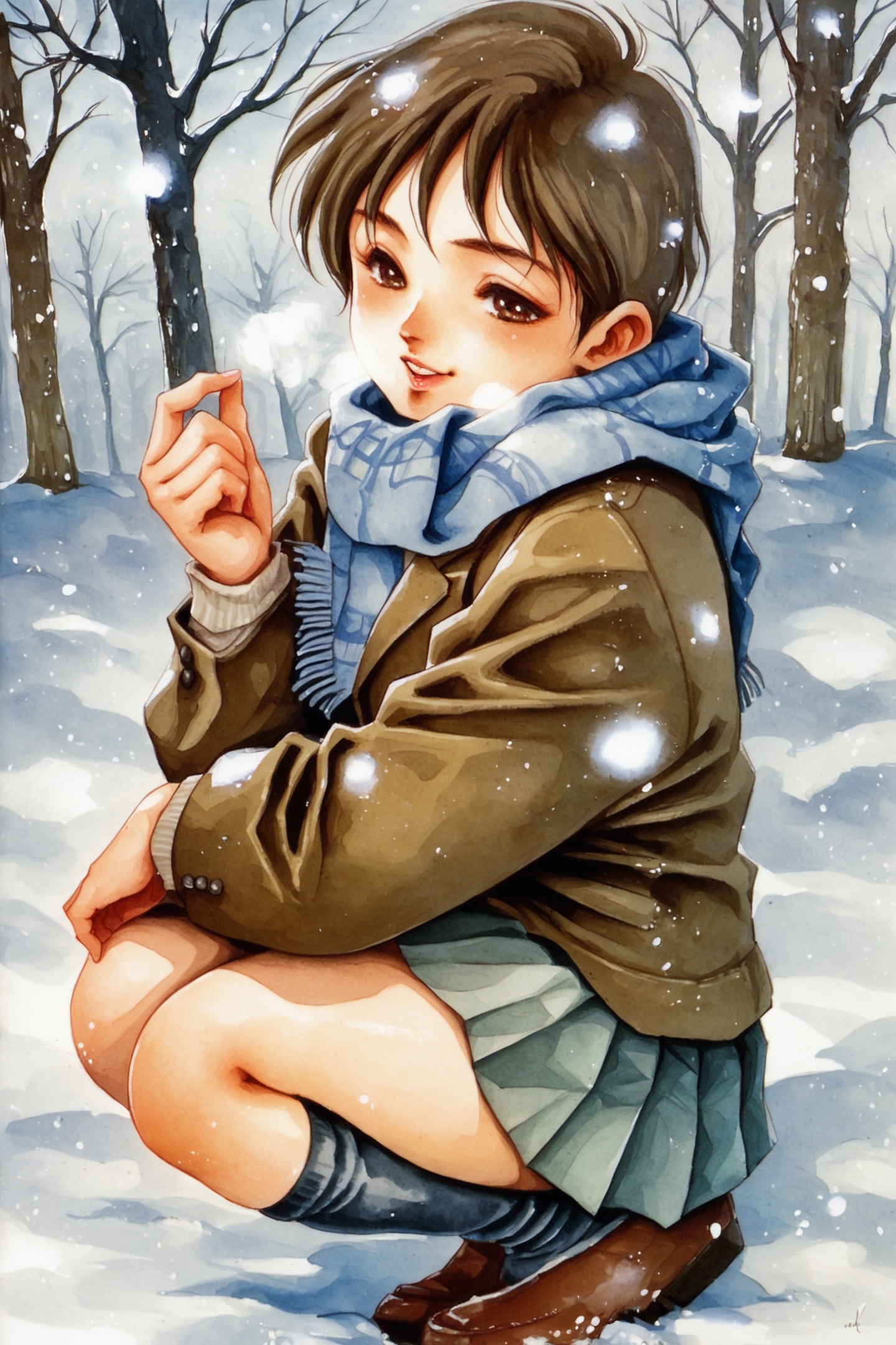 31902-3505970824-1girl,scarf,squatting,solo,skirt,short hair,breath,school uniform,brown hair,black hair,black eyes,socks,jacket,brown eyes,tree,.png